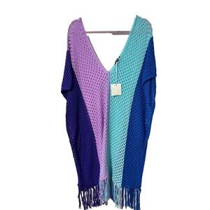 NEW Davi & Dani Cover Up 3XL Fringe Color Block V-Neck Open Knit Side Slits